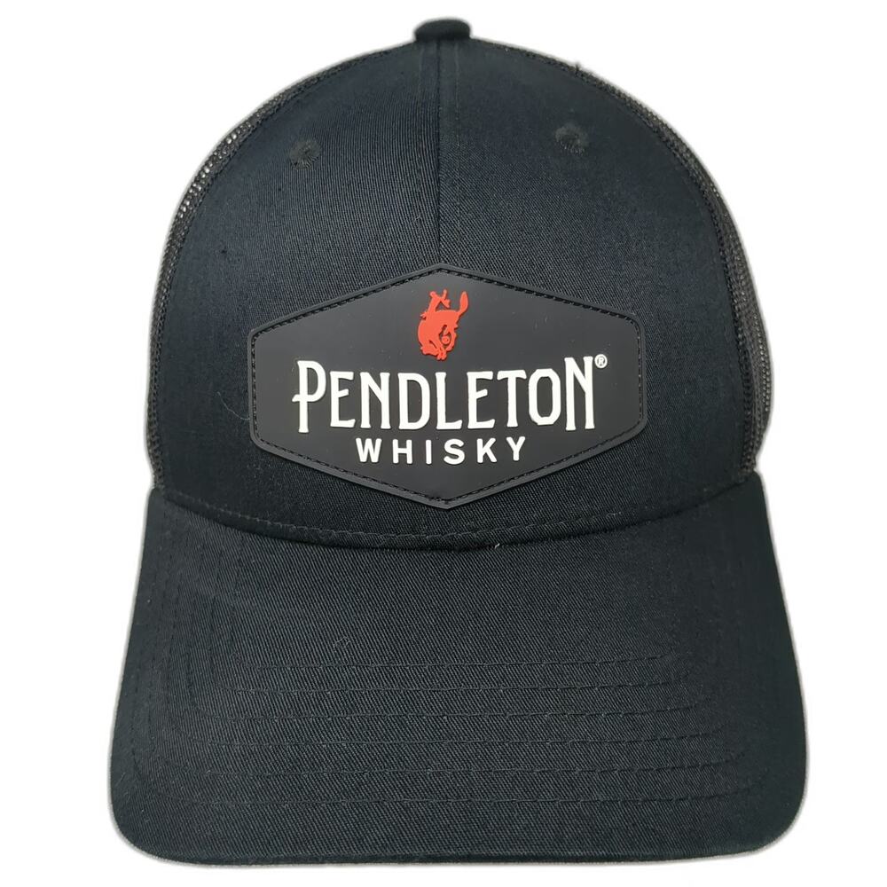 Pendleton Whisky Trucker Hat Black One Size Snapback Mesh Rubber Bronco Patch